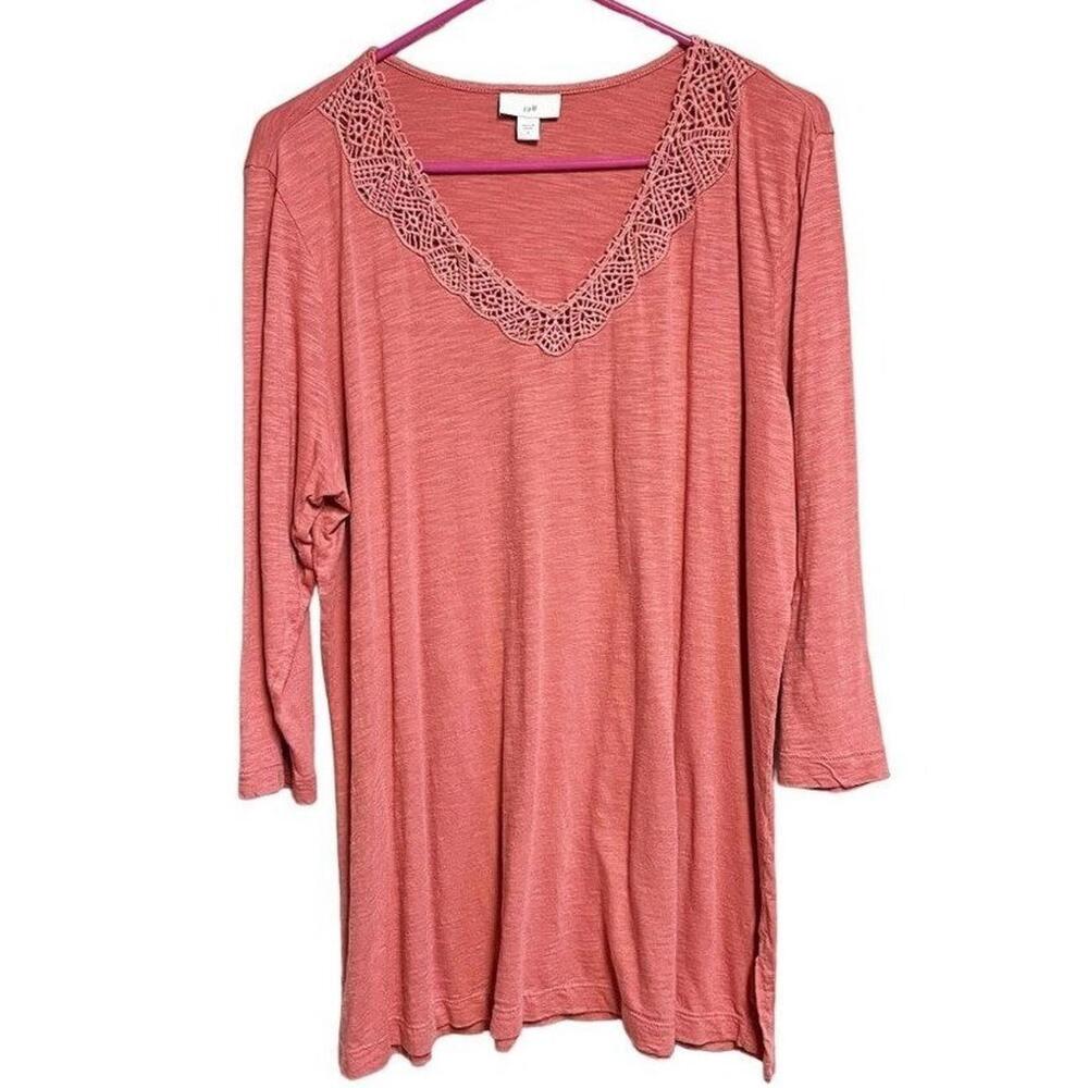 J. Jill‎ Tunic Pink Lace V-Neck 3/4 Sleeve Pullover Blouse Large Classic Soft
